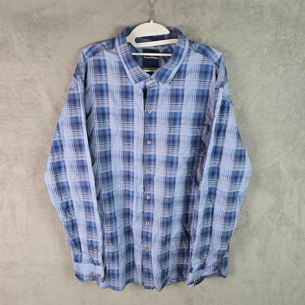 Tommy Bahama Mens XXL Blue Plaid Cotton Silk Blend Button Down Shirt 173-T317463